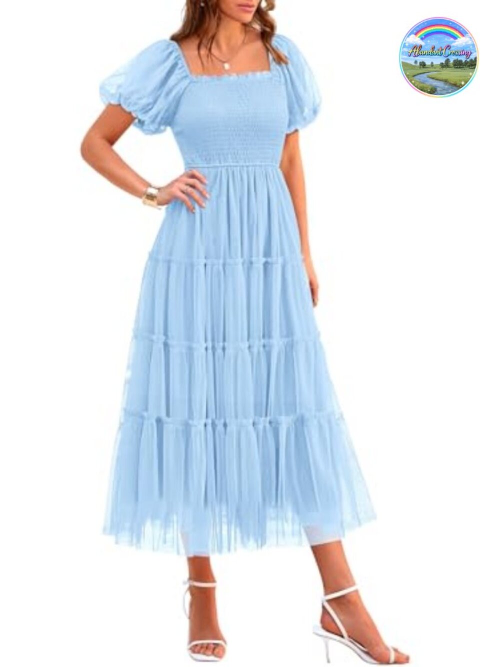 Smocked Midi Tulle Dress Square Neck Puff Sleeve Tiered Flowy
